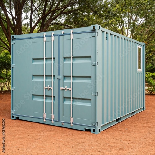 container, beach, door, cargo, metal, wood, house, hut, wall, shipping, building, white, isolated, blue, box, storage, architecture, sky, toilet, summer, wooden, transport, industry, freight, transpor photo