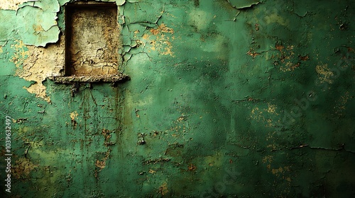 Peeling Green Paint on an Old Wall with a Window Frame, Vintage Texture Background photo