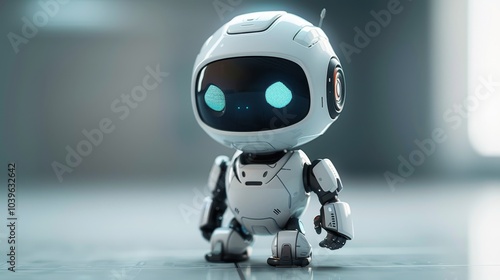 Realistic mini robot. Funny mechanical assistant on a light background