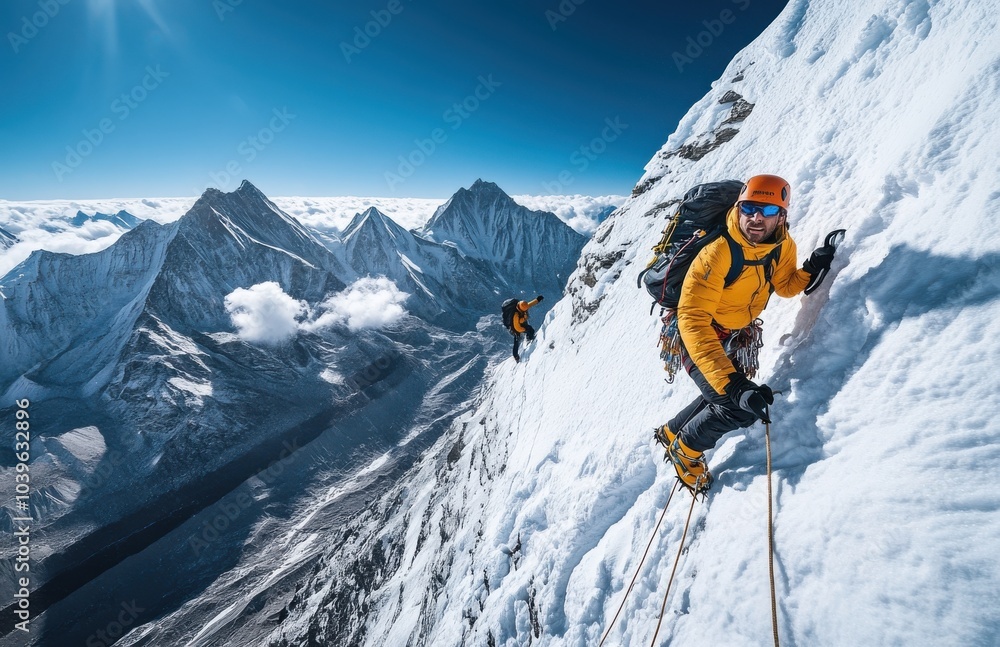 A man in a yellow jacket is climbing a mountain with a rope. The mountain is covered in snow and the sky is blue A man in a yellow jacket is climbing a mountain with a rope. The mountain is covered in snow and the sky is blue