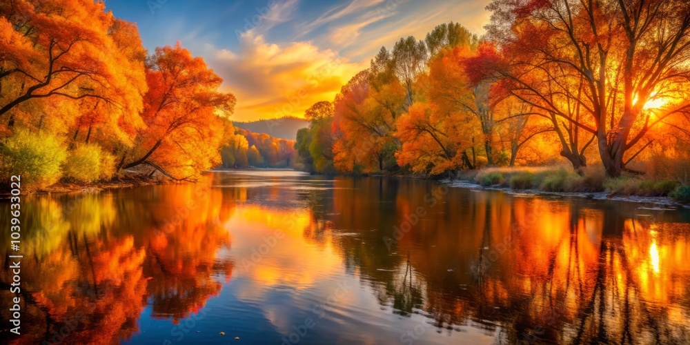 Obraz premium Golden Dawn Light Illuminates Treetops Creating a Serene Natural Landscape at Sunrise