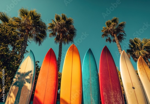 A row of surfboards are lined up next to palm trees. The surfboards are of different colors and sizes, and they are all facing the same direction. Concept of relaxation and leisure