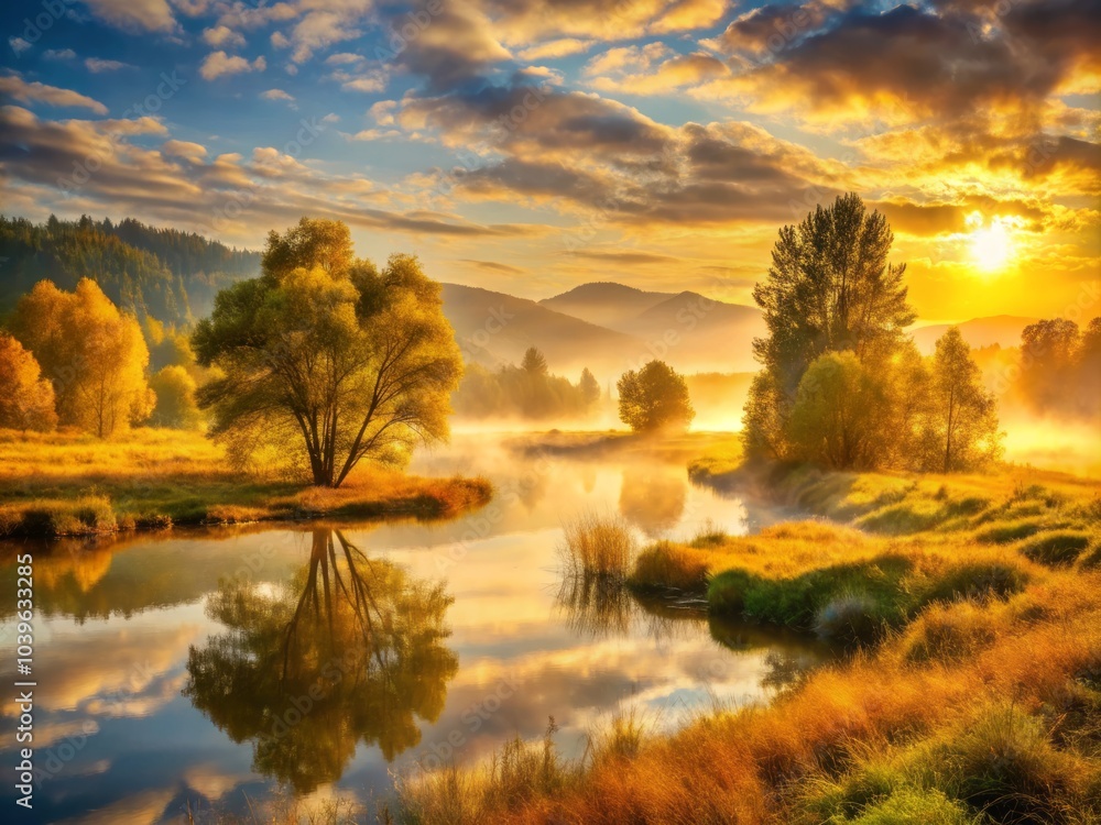Golden Morning Light Illuminates the Landscape, Creating a Serene and Captivating Atmosphere Golden Morning Light Illuminates the Landscape, Creating a Serene and Captivating Atmosphere