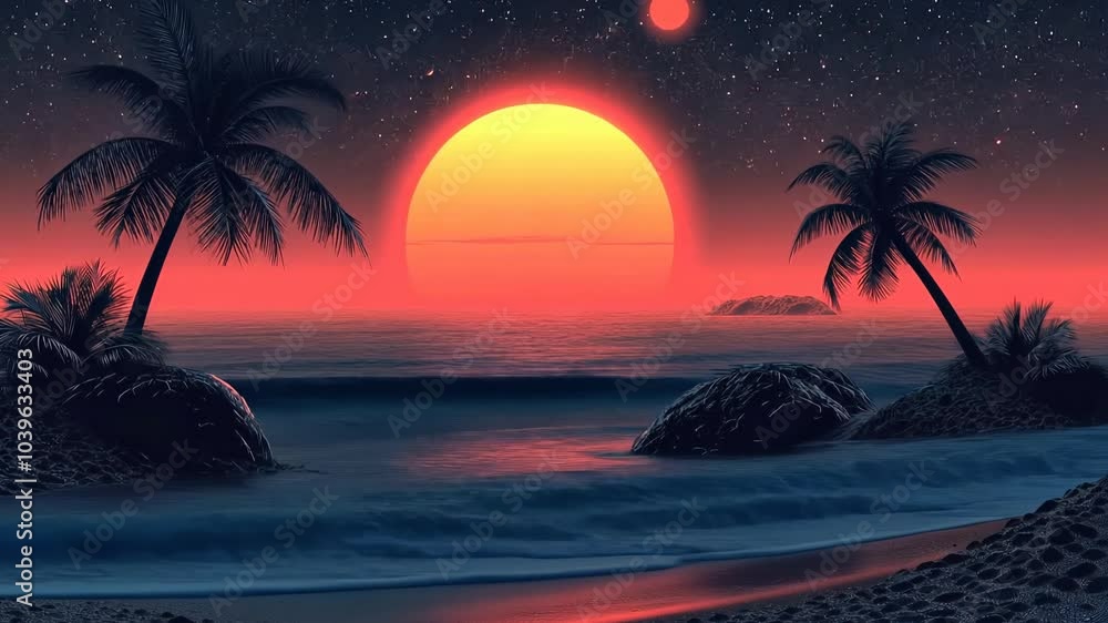 Witness a breathtaking sunset illuminating the ocean with vibrant colors, framed by palm trees and stars twinkling above Witness a breathtaking sunset illuminating the ocean with vibrant colors, framed by palm trees and stars twinkling above