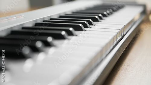 Closeups of a piano, midi controller, or keyboard on a wooden table. Home studio or music equipment concept.