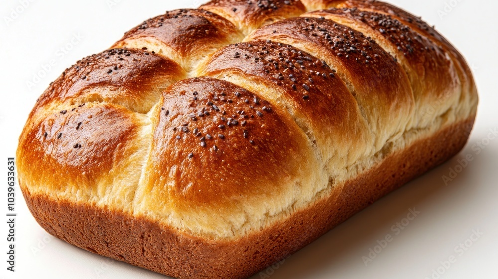 A golden-brown loaf of bread topped with seeds. A golden-brown loaf of bread topped with seeds.