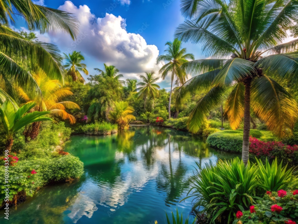 Lush Greenery of Exotic Plants Surrounds a Serene Lagoon Under Bright Blue Sky in Tropical Paradise Lush Greenery of Exotic Plants Surrounds a Serene Lagoon Under Bright Blue Sky in Tropical Paradise