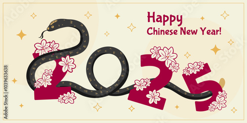 2025 Chinese New Year banner with the snake symbol of the year and lanterns, Asian celebration, greeting card and wallpaper with the zodiac serpent. Vector illustration.