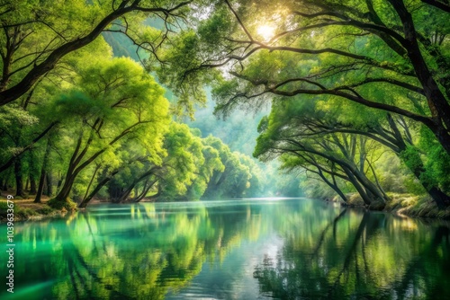 Lush Emerald Trees Rise Majestically Over Tranquil Riverbank Beneath a Clear Blue Sky in Nature