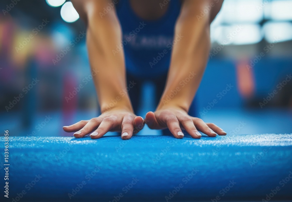 Naklejka premium A woman is stretching her arms out in front of her on a blue mat. Concept of determination and focus as the woman prepares for a workout or exercise