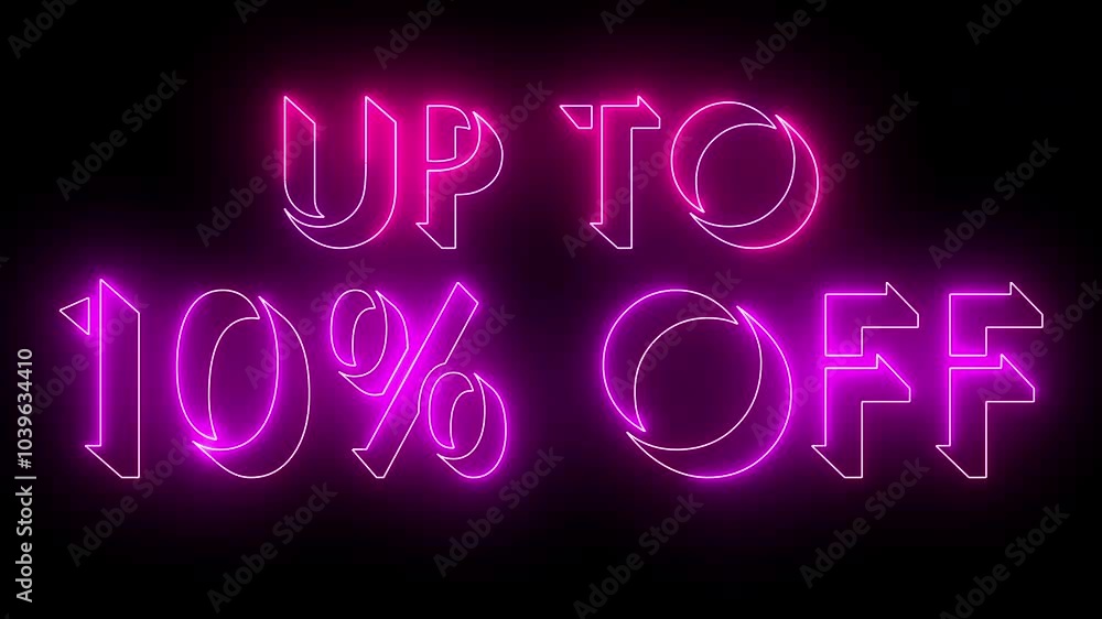 4K neon glowing UP TO 10% OFF on dark BG. Animated UP TO 10% OFF for online shops, blogs, web, cafes, advertising, and hotels on a dark background. Technology video material animation. Easy to use.
4K neon glowing UP TO 10% OFF on dark BG. Animated UP TO 10% OFF for online shops, blogs, web, cafes, advertising, and hotels on a dark background. Technology video material animation. Easy to use.