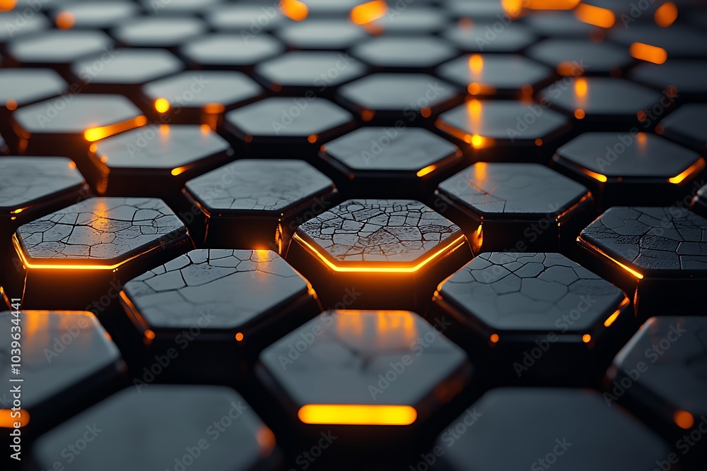 Hexagon Pattern Abstract 3D Render with Glowing Orange Lines Hexagon Pattern Abstract 3D Render with Glowing Orange Lines