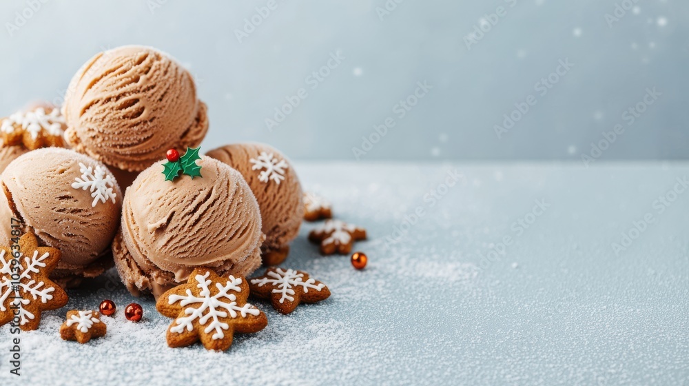 A festive arrangement of chocolate ice cream scoops topped with decorations and gingerbread cookies, evoking a cozy winter atmosphere. A festive arrangement of chocolate ice cream scoops topped with decorations and gingerbread cookies, evoking a cozy winter atmosphere.