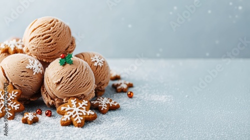 A festive arrangement of chocolate ice cream scoops topped with decorations and gingerbread cookies, evoking a cozy winter atmosphere.