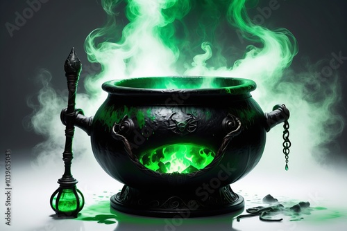 A black cauldron with green fire underneath, isolated on a dark background, featuring elements of gold and magic, perfect for Halloween-themed illustrations photo