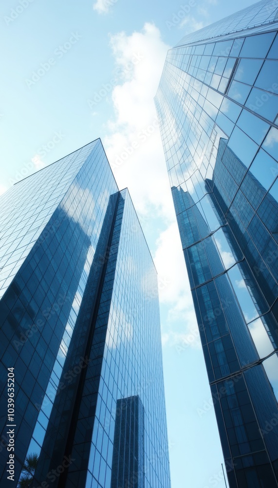 Captivating view of modern skyscrapers under a clear blue sky, perfect for themes of travel, aviation, and urban lifestyle. Captivating view of modern skyscrapers under a clear blue sky, perfect for themes of travel, aviation, and urban lifestyle.