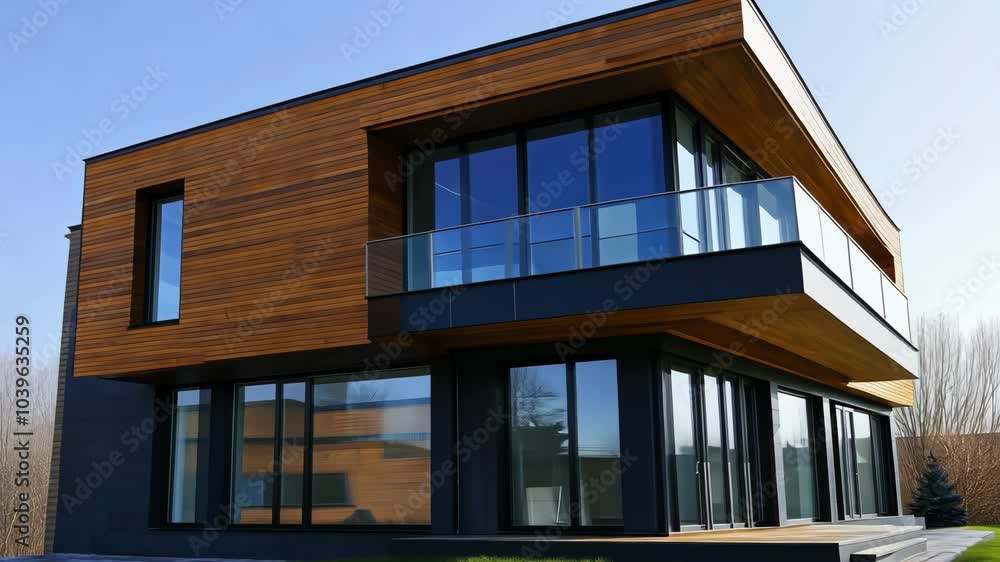 A modern home with wood siding and large windows sits on a grassy lawn A modern home with wood siding and large windows sits on a grassy lawn