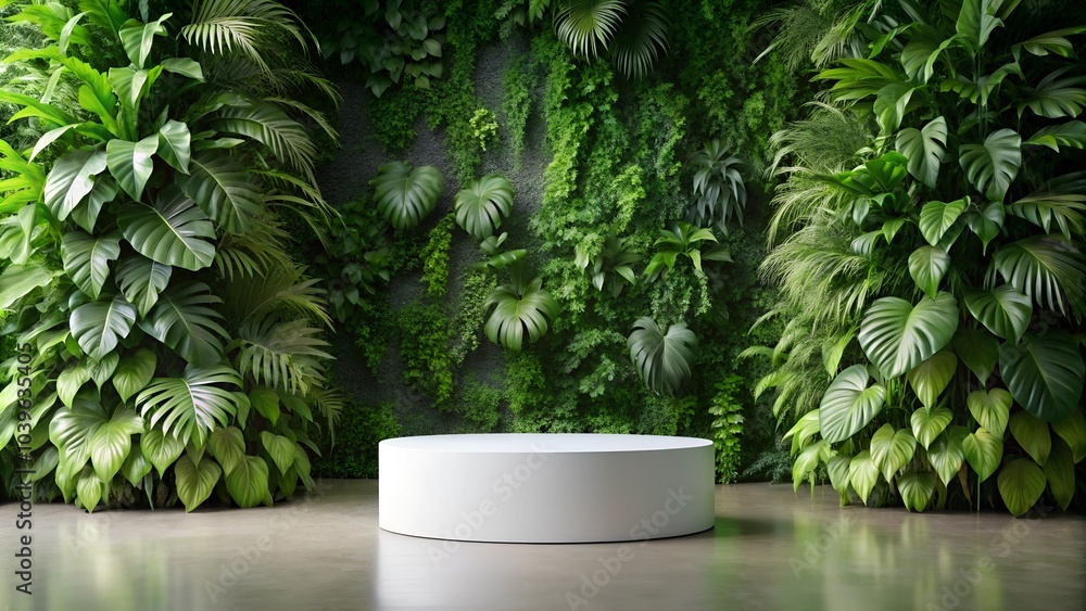 A white cylinder podium on a studio floor covered in soft greenery, ideal for modern and minimalist product presentations. A white cylinder podium on a studio floor covered in soft greenery, ideal for modern and minimalist product presentations.