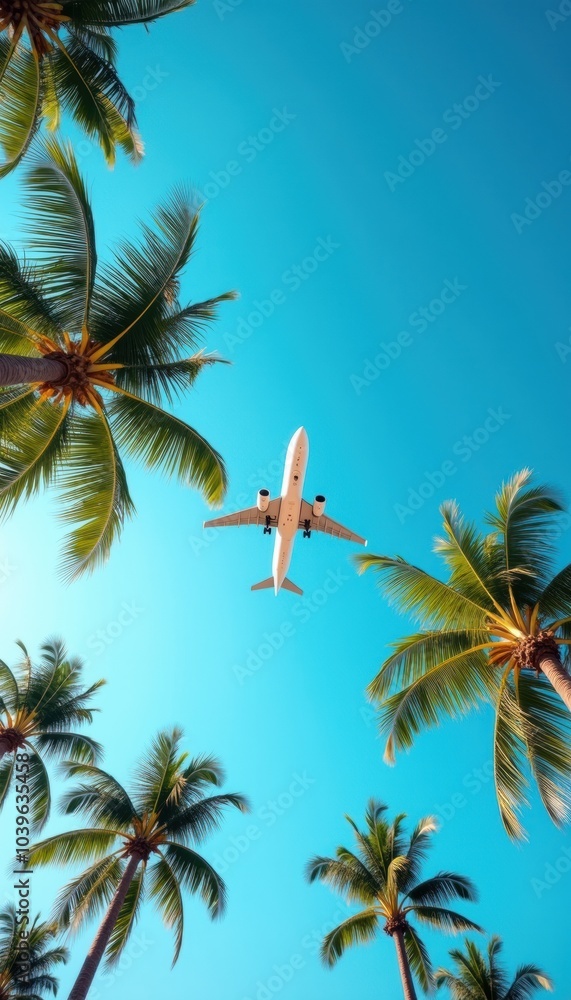 Fototapeta premium A vibrant travel scene featuring an airplane flying over palm trees against a clear blue sky, perfect for vacation and airline promotions.