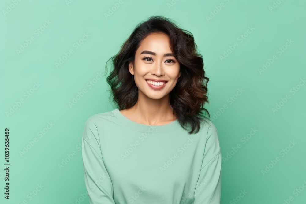 Portrait of a smiling young asian woman looking at camera over green background Portrait of a smiling young asian woman looking at camera over green background
