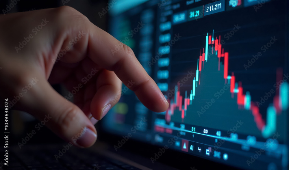 A close-up view of a hand gently touching a computer screen displaying a vibrant stock exchange market interface trading strategy choice of buying and selling crypto currency A close-up view of a hand gently touching a computer screen displaying a vibrant stock exchange market interface trading strategy choice of buying and selling crypto currency