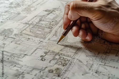 Architect sketching house plans with pencil. photo