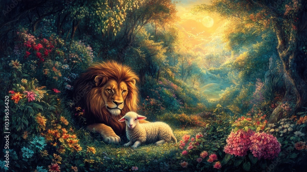 Obraz premium A mythical scene depicting a majestic lion and a gentle lamb peacefully coexisting in a lush paradise garden. The vibrant flora and serene atmosphere symbolize harmony and the transcendence