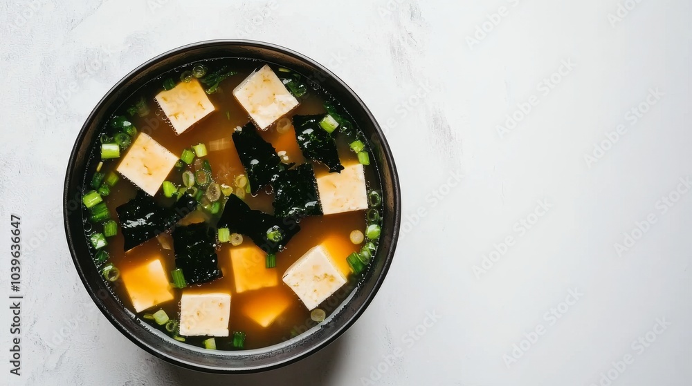 Miso Soup with Tofu and Seaweed in a Black Bowl. Miso Soup with Tofu and Seaweed in a Black Bowl.
