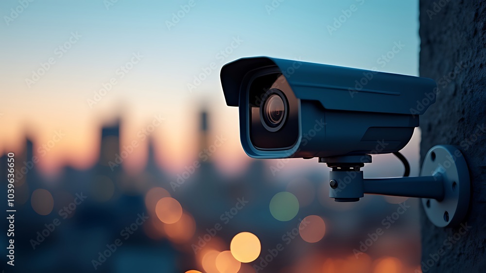 Security CCTV camera monitoring system with panoramic view of a city on blurry background