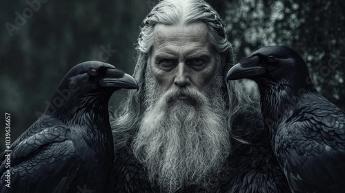 Norse god Odin with his two ravens Huginn and Muninn photo