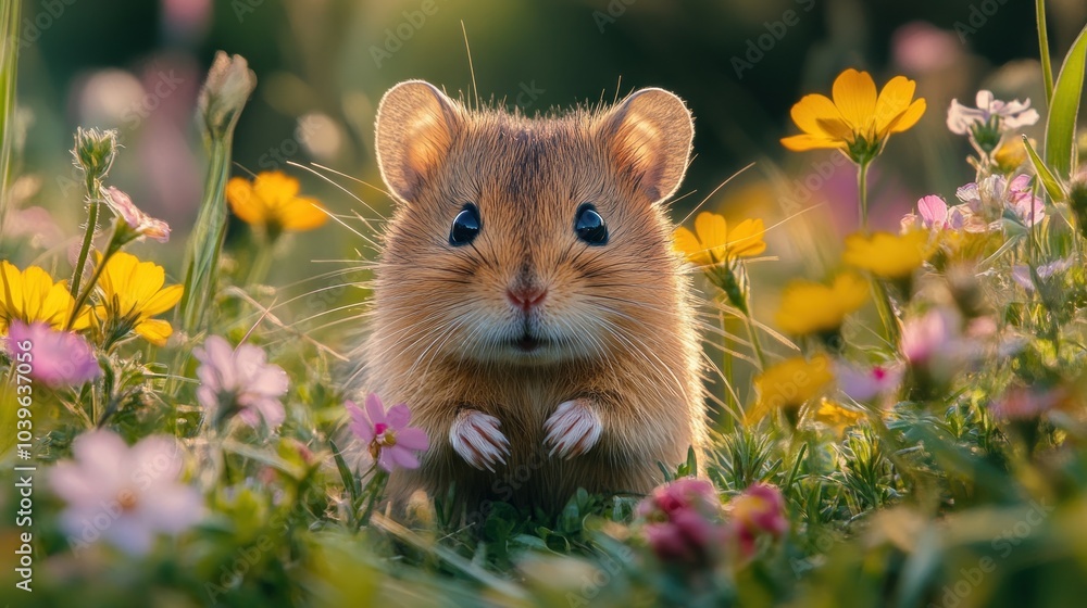 Fototapeta premium A cute hamster surrounded by colorful wildflowers in a meadow.