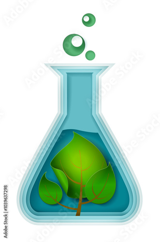 Chemical flask glassware with green tree leaves in liquid vector illustration. Eco science, biotechnology and environmental conservation concept