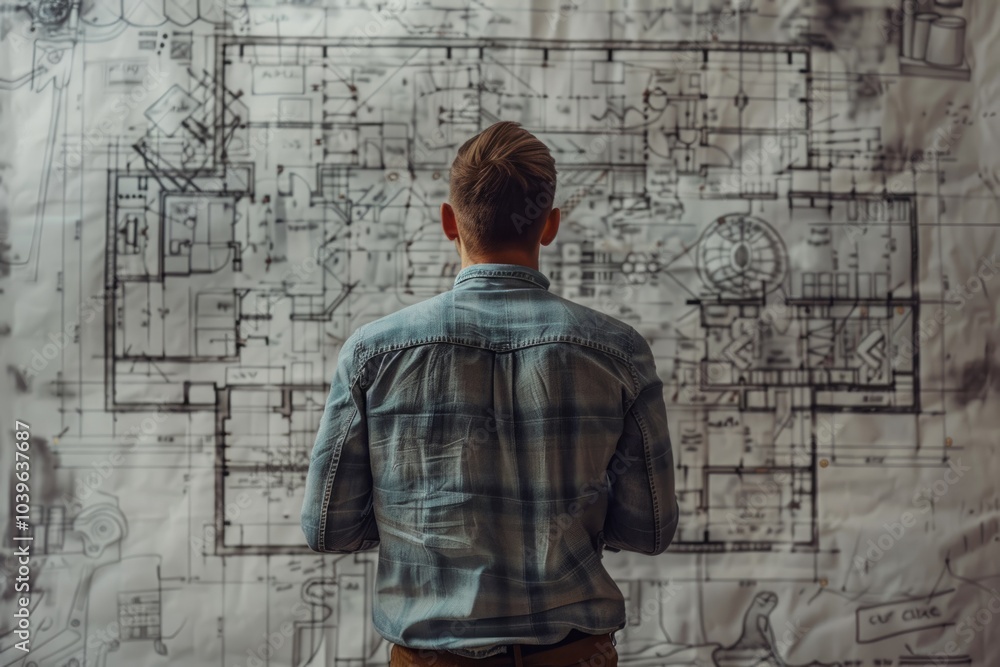 Back view of man engineer drawing plan sketches on wall Back view of man engineer drawing plan sketches on wall