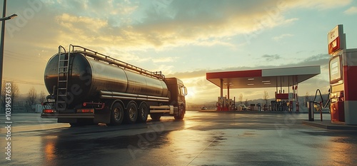 A tanker truck drives away from a gas station at sunset.