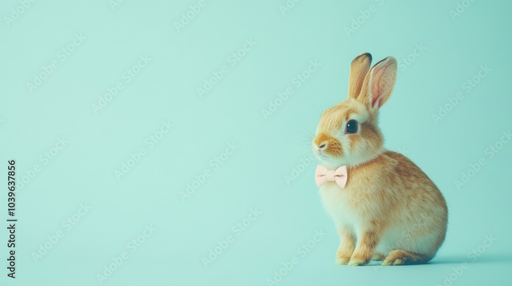 Obraz premium Stock minimalist photography of a rabbit wearing a small bow tie, standing on a clean blue background with minimal shadows for a charming and refined look