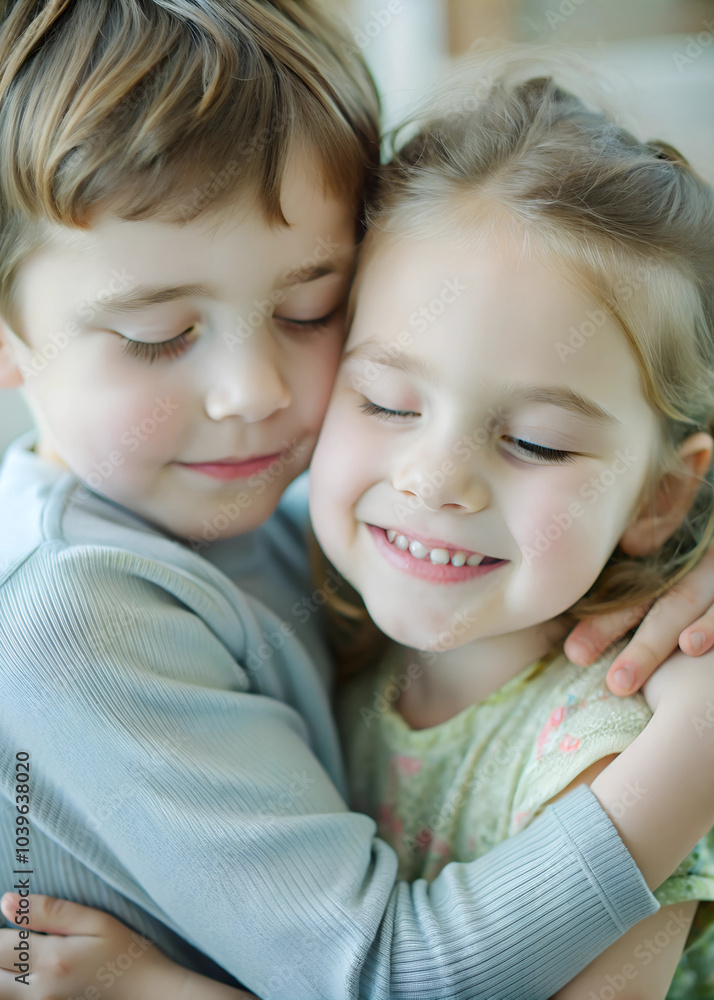 A brother and sister hugging tightly, both smiling with eyes closed, showing love and affection A brother and sister hugging tightly, both smiling with eyes closed, showing love and affection