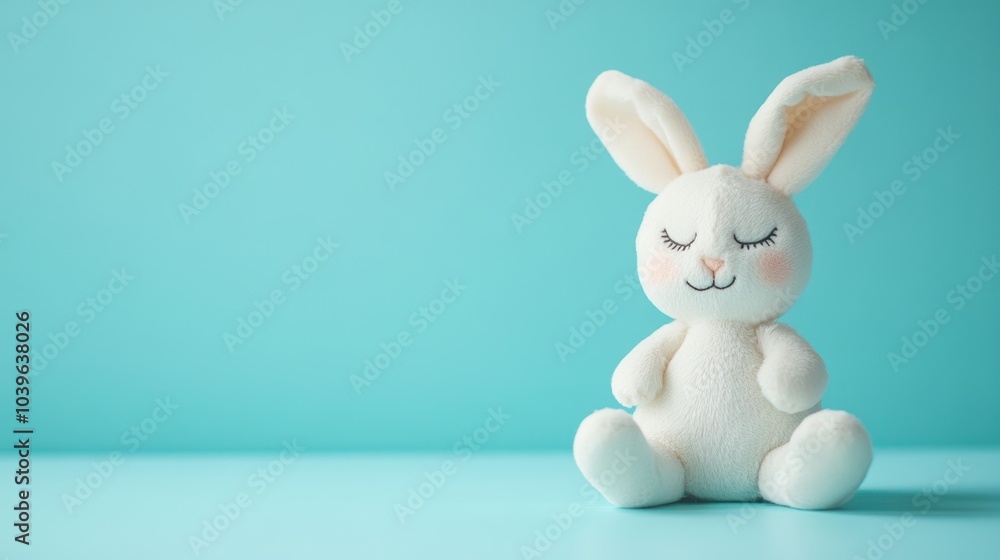 Obraz premium Stock minimalist photography of a happy bunny with closed eyes sitting on a pastel blue background with delicate shadows, creating a gentle and cheerful look