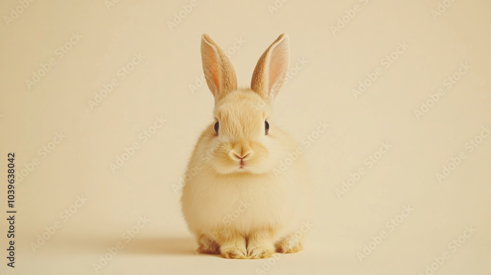 Stock minimalist photography of a shy bunny with soft fur, sitting on a plain beige background with gentle studio lighting for a calm, minimalist feel Stock minimalist photography of a shy bunny with soft fur, sitting on a plain beige background with gentle studio lighting for a calm, minimalist feel
