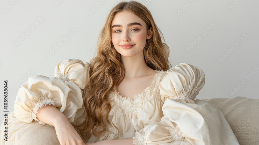 A woman in a white dress sits on the couch, arms resting on its back, gazing into the camera A woman in a white dress sits on the couch, arms resting on its back, gazing into the camera