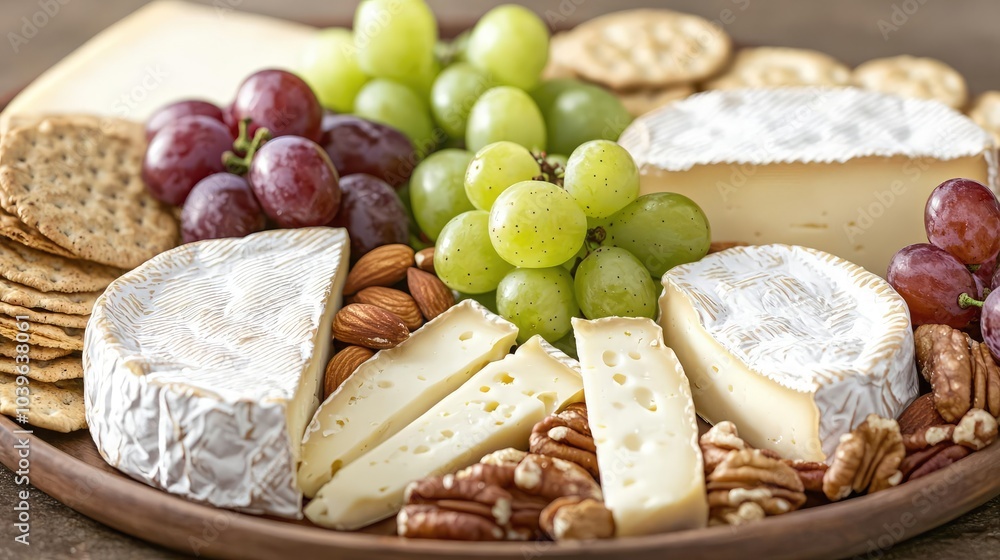 A delicious cheese platter with grapes, crackers, and nuts on a wooden board.