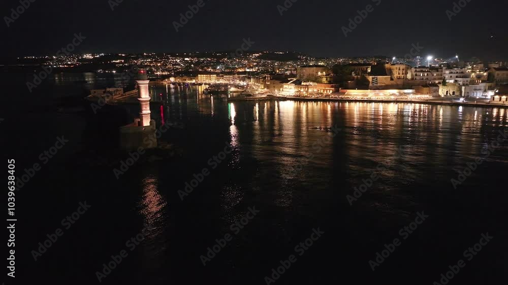 Chania town by night, Lighthouse, Drone shot, Crete, Greece, Aerial view of Chania with the amazing lighthouse, Beautiful Old city, Greece and best scenic places - panorama of picturesque old town Chania town by night, Lighthouse, Drone shot, Crete, Greece, Aerial view of Chania with the amazing lighthouse, Beautiful Old city, Greece and best scenic places - panorama of picturesque old town