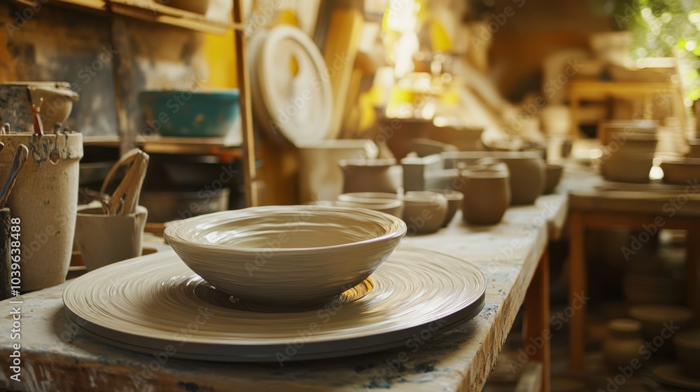 A tranquil pottery studio with wheel and clay tools, Ceramic art creation style, photo of A tranquil pottery studio with wheel and clay tools, Ceramic art creation style, photo of