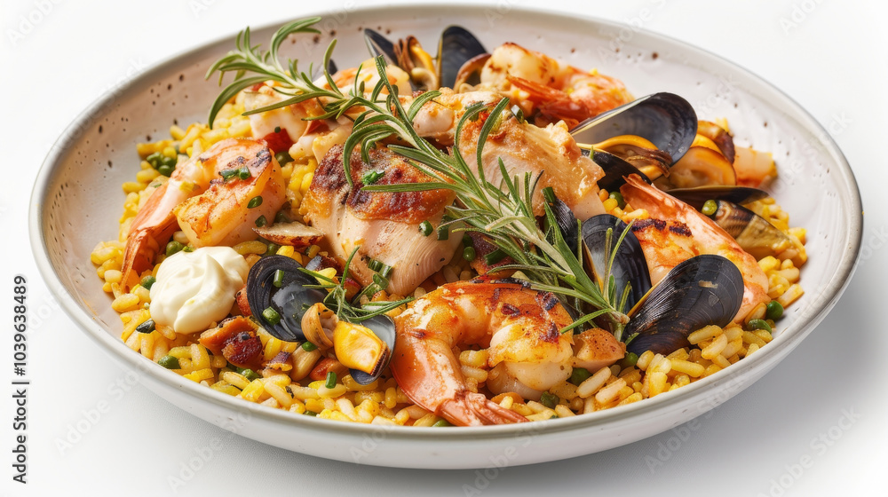 Valencian-style Seafood Paella against a white background, featuring saffron rice, chicken, shrimp, mussels, clams, and aioli, showcasing vibrant colors and textures. Valencian-style Seafood Paella against a white background, featuring saffron rice, chicken, shrimp, mussels, clams, and aioli, showcasing vibrant colors and textures.