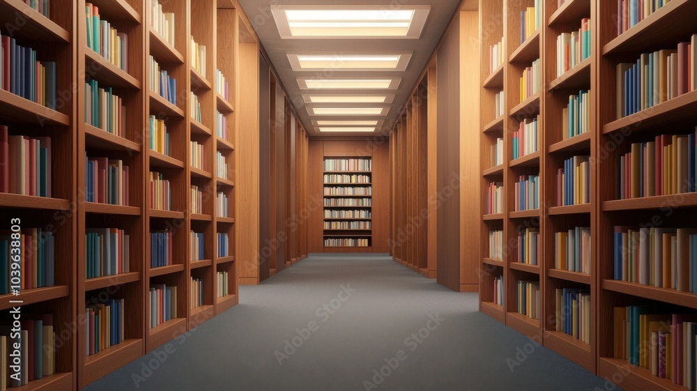 A serene library corridor with wooden shelves filled with colorful books inviting readers to explore knowledge and imagination A serene library corridor with wooden shelves filled with colorful books inviting readers to explore knowledge and imagination