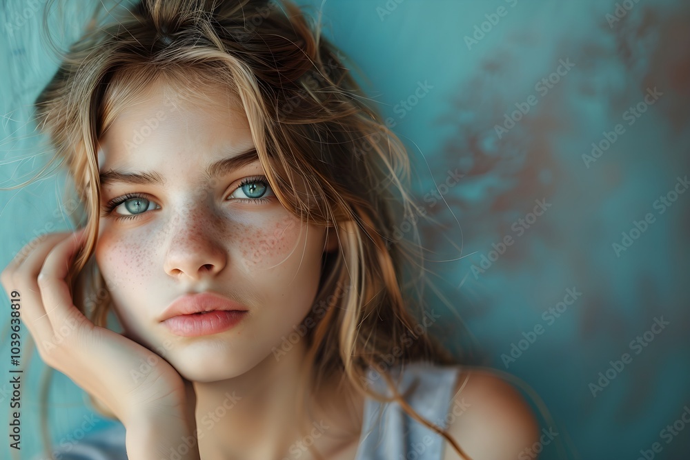 A beautiful young woman with freckles on her face A beautiful young woman with freckles on her face