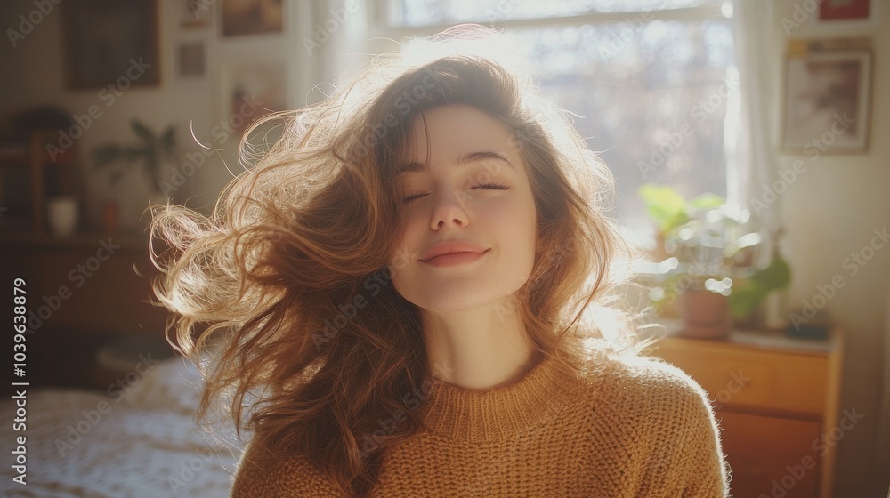 A woman in a cozy bedroom, drying her hair with blow dryer in hand. A woman in a cozy bedroom, drying her hair with blow dryer in hand.