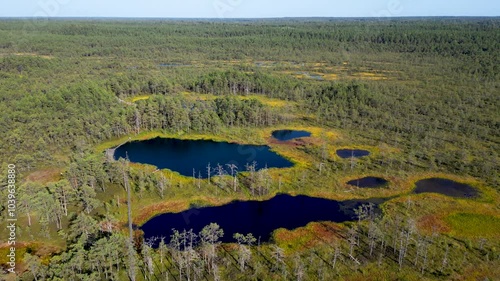 Flying drone tilt up reveal over dark blue lakes at national park photo