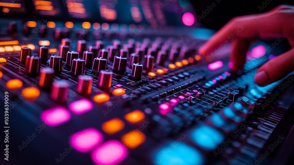 Close-up of a hand adjusting the knobs on a sound mixer. Close-up of a hand adjusting the knobs on a sound mixer.