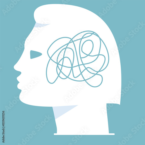 Mental health concept.Head with messy thoughts.Emotional burnout and other psychological problems. Depressed people with mental disorder.Vector illustration.