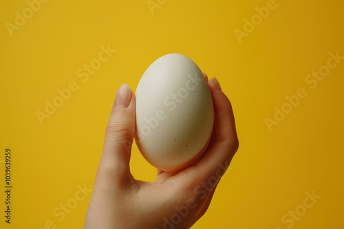 A Hand Holding a Single White Egg Against a Vibrant Yellow Background 